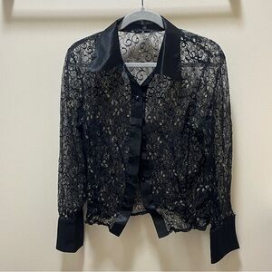 Sandra Darren Sheer Black Lace Blouse with Satin Trim